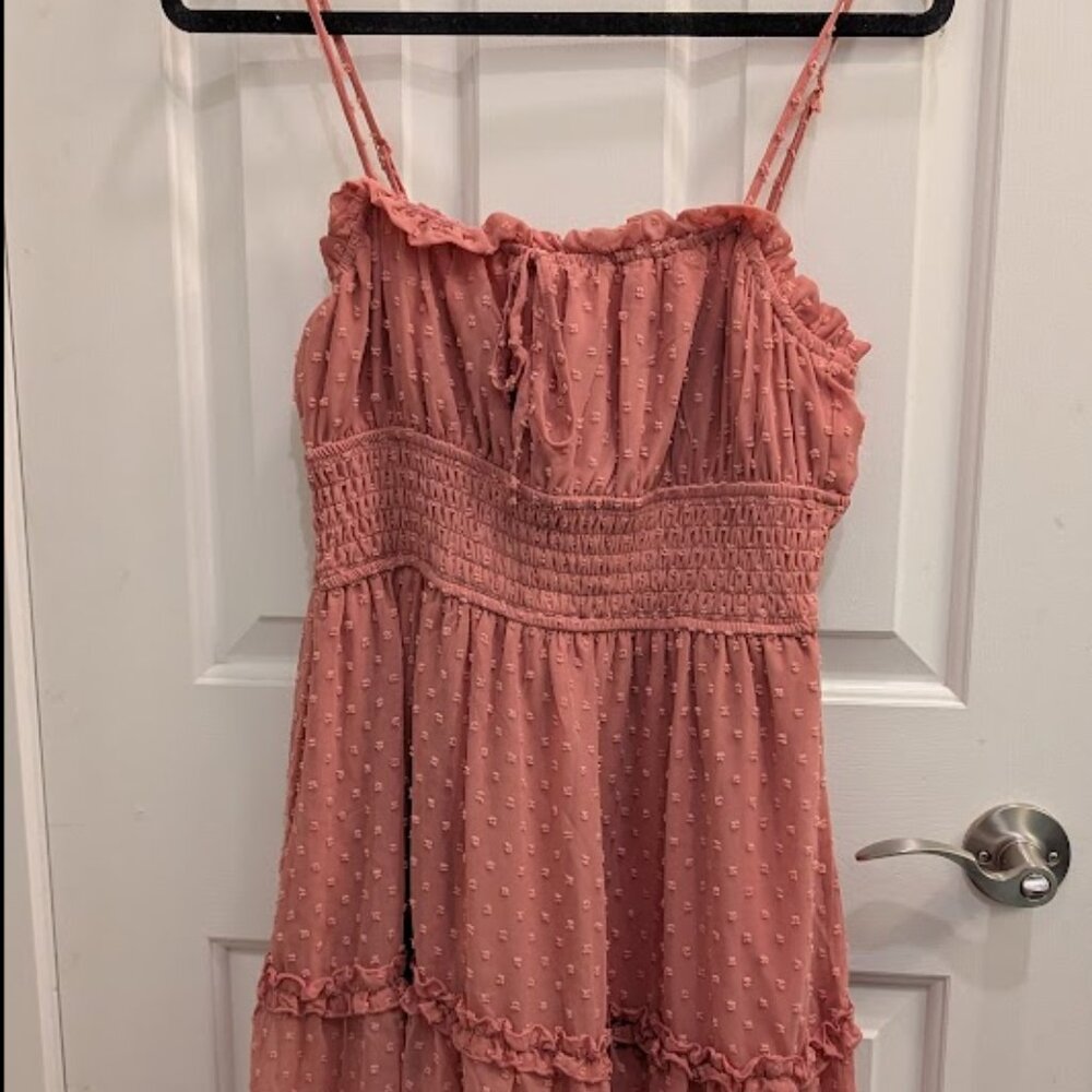 Trixxi  |Dusty Rose Smocked Fit & Flare Mini Dress Ruffle Hem | Size M | NWT - Picture 5 of 7